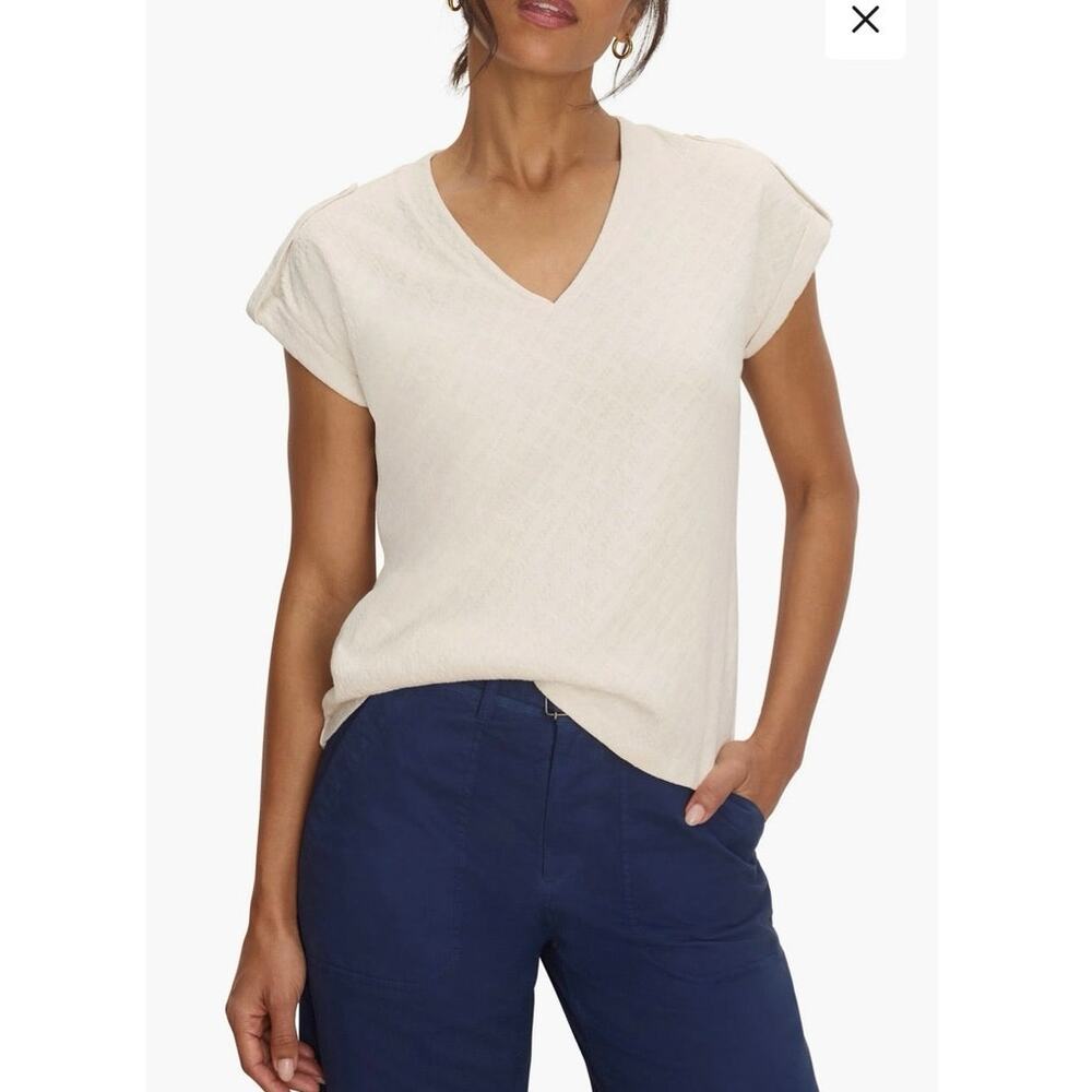 NWOT NZT By NIC+ZOE Lace Knit Cap Sleeve T-Shirt in Classic Cream SZ L